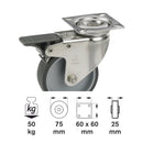 Roată de ghidare TPE 75 mm, placă 60x60mm, lagăr de alunecare si dispozitiv de fixare totala-2