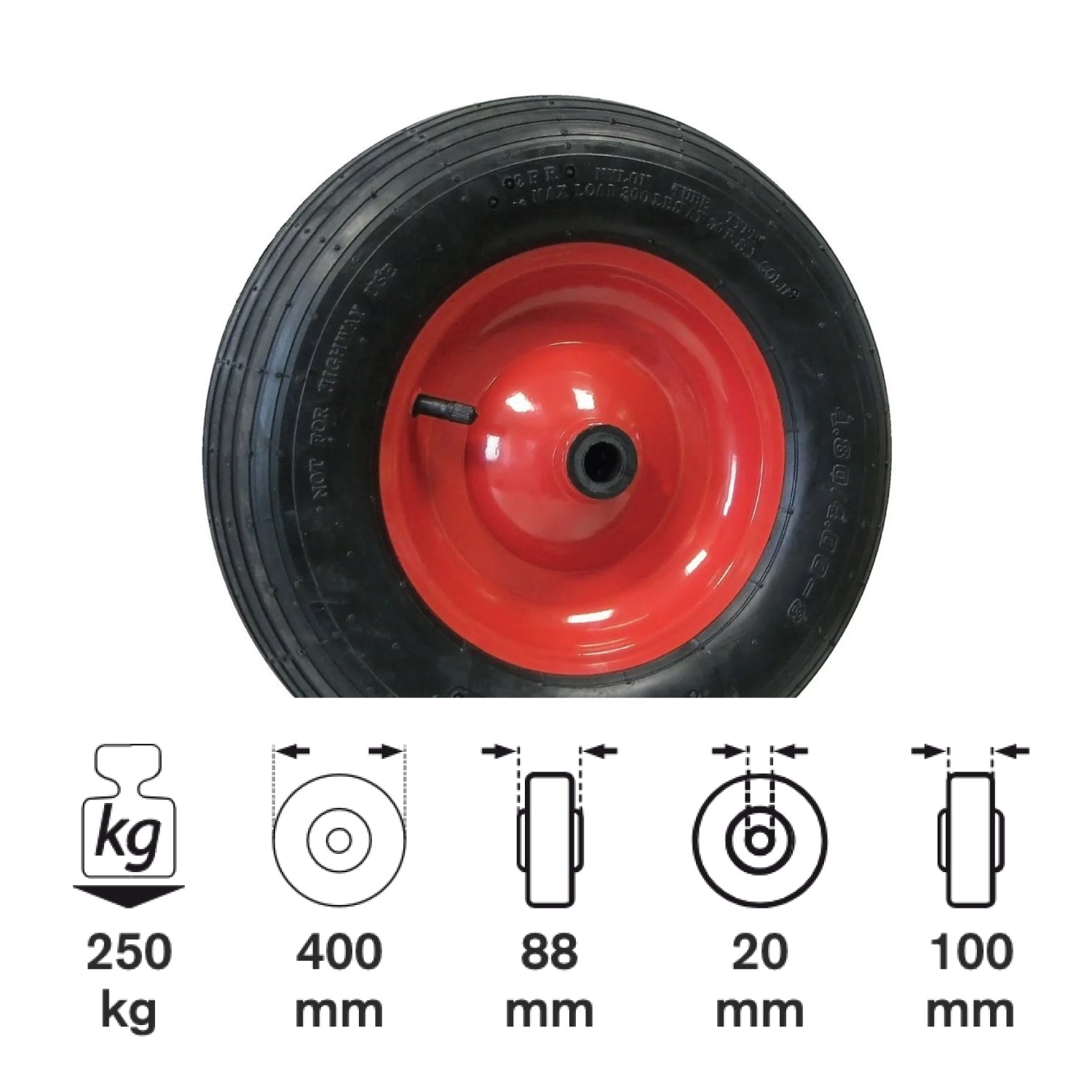 Roată pneumatică 400x100x20mm pentru roabe, profil striat, 2 straturi,Rulment cu role, jantă din oțel - 0