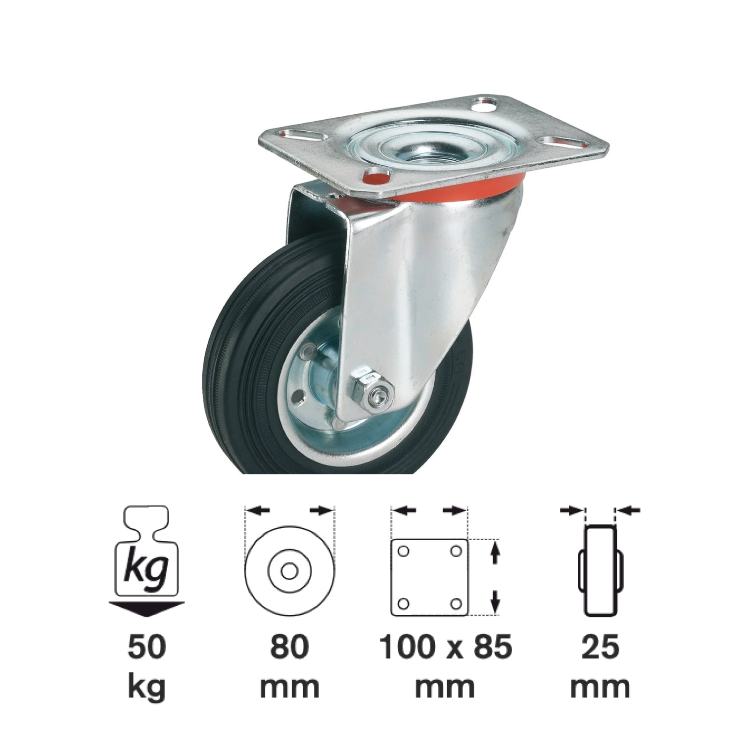 Roată cauciuc solid 80mm, placă 100x85mm, Rulment cu role, Calitate standard