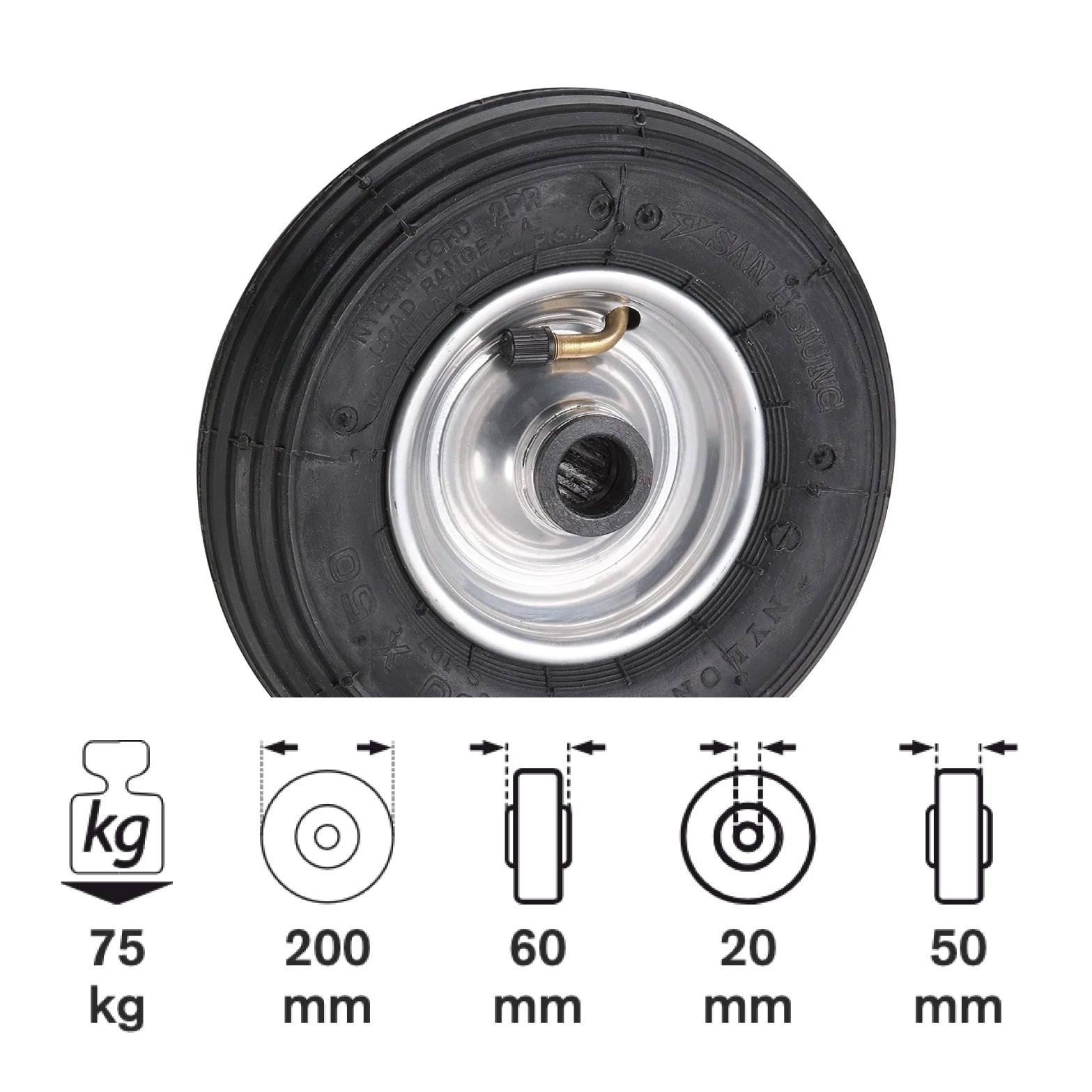 Roată pneumatică utilizare universală 200x50x20mm, profil striat, 2 straturi Rulment cu role, jantă din oțel