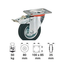 Roată cauciuc solid 80mm, placă 100x85mm, Rulment cu role, dispozitiv de fixare totala, Calitate standard - 0
