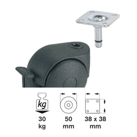 Roată dublă 50mm, placă 38x38mm, lagăr de alunecare, dispozitiv de fixare - 0