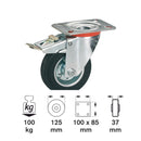 Roată cauciuc solid 125mm, placă 100x85mm, Rulment cu role, dispozitiv de fixare totala, Calitate standard-2
