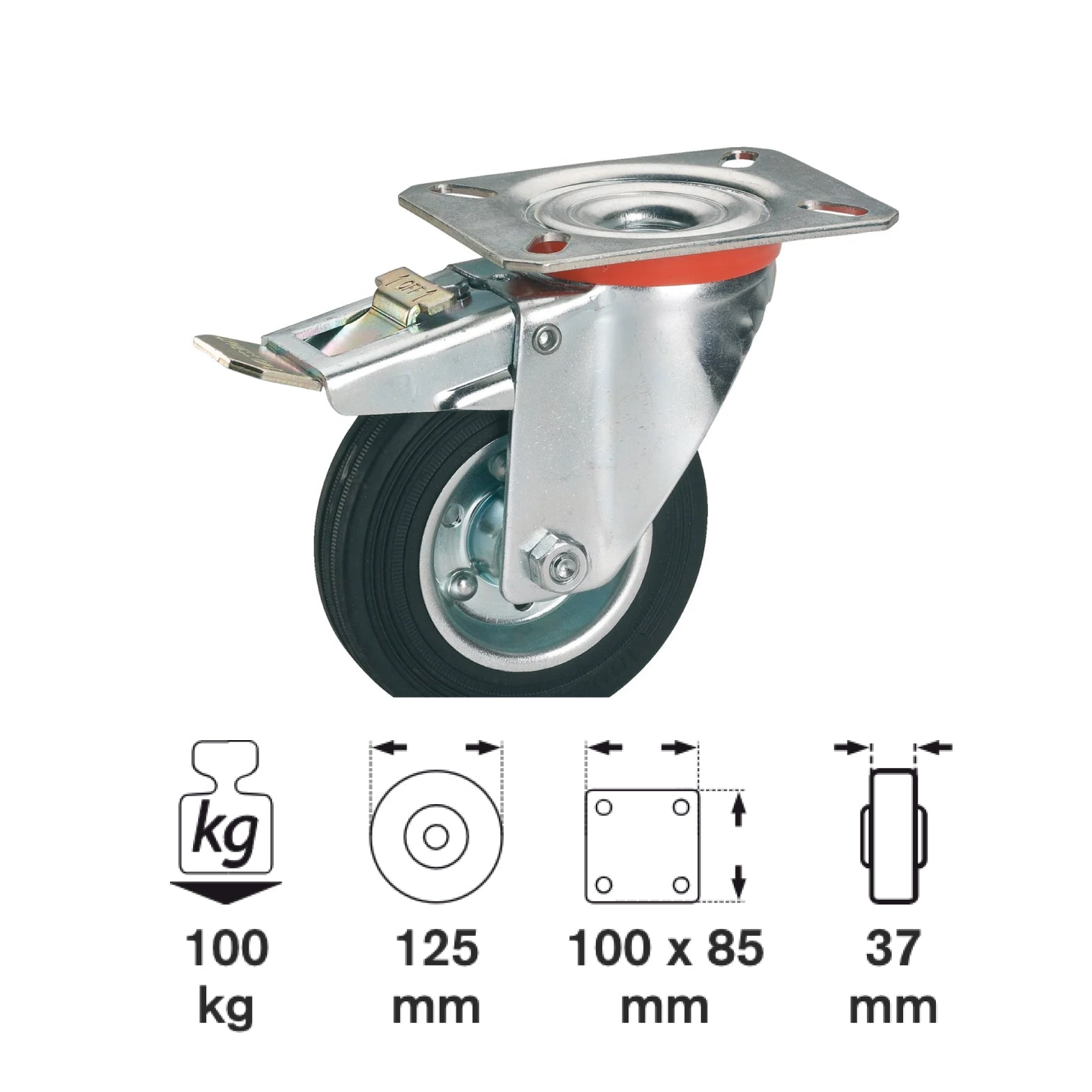 Roată cauciuc solid 125mm, placă 100x85mm, Rulment cu role, dispozitiv de fixare totala, Calitate standard