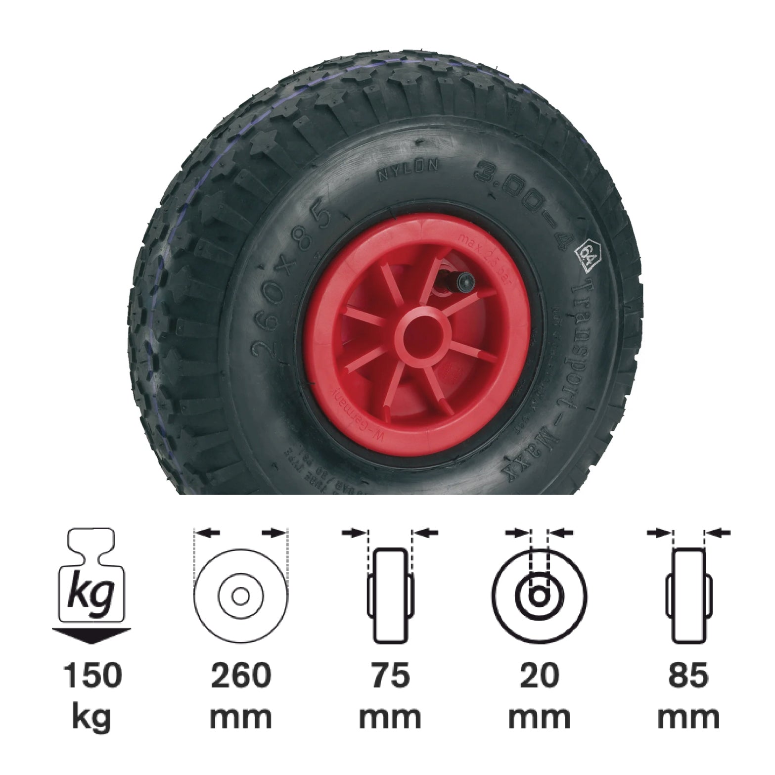 Roată pneumatică 260x85x20mm cărucioare, profil bloc, 2 straturi Lagăr de alunecare, jantă din plastic - 0